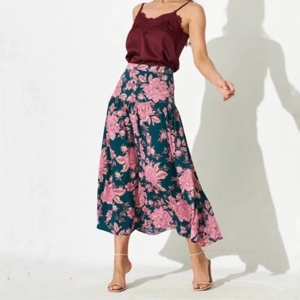 Abel The Label Bonnie Floral Boho Yoke Maxi Skirt Teal Pink Large